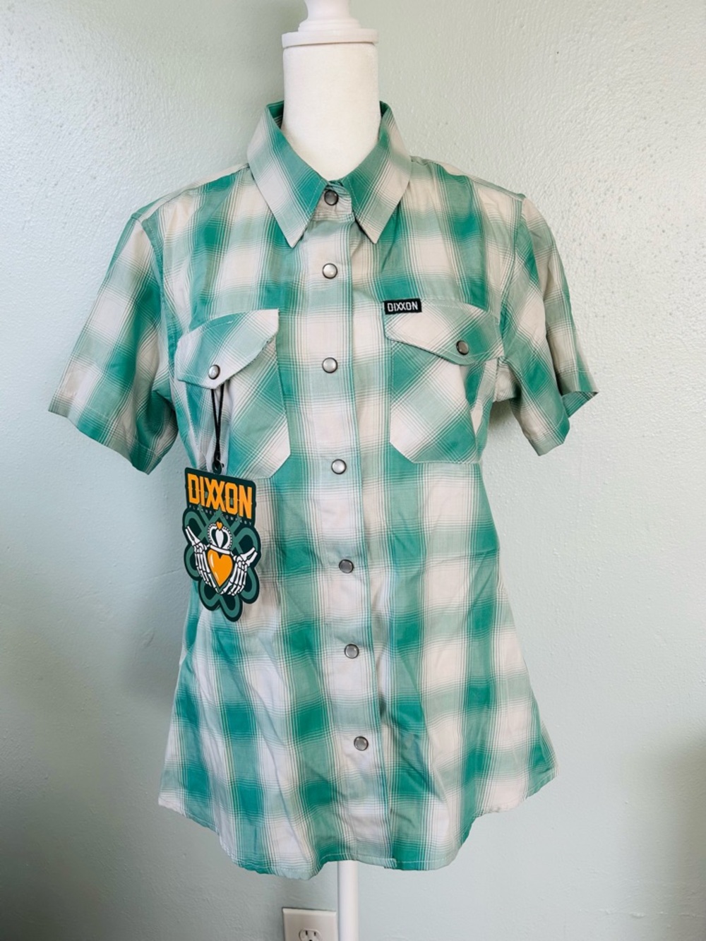 Dixxon Claddagh Green & White Plaid Pearl Snap-Front Button Shirt